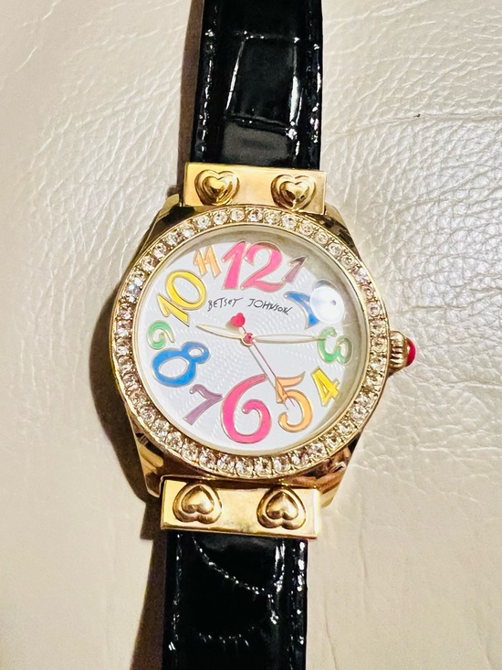 Betsey Johnson Accessories - Betsey Johnson Gold-Tone Watch with Multicolor Numerals and Black Strap